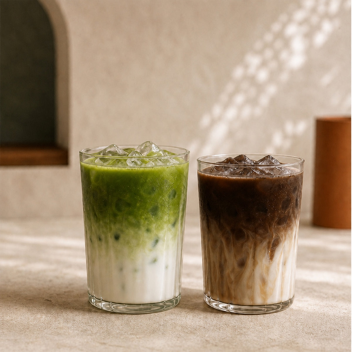 Iced matcha lattes, illustrative serving concept